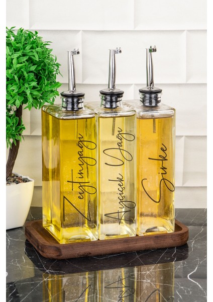 3'lü 500ML Ahşap Stant Cam Yağlık Gümüş Kapak Zeytinyağı Sosluk Seti
