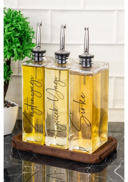 3'lü 500ML Ahşap Stant Cam Yağlık Gümüş Kapak Zeytinyağı Sosluk Seti modelleri