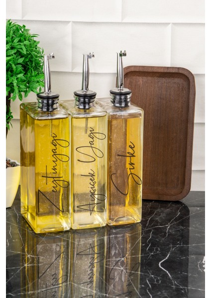 3'lü 500ML Ahşap Stant Cam Yağlık Gümüş Kapak Zeytinyağı Sosluk Seti fırsatları