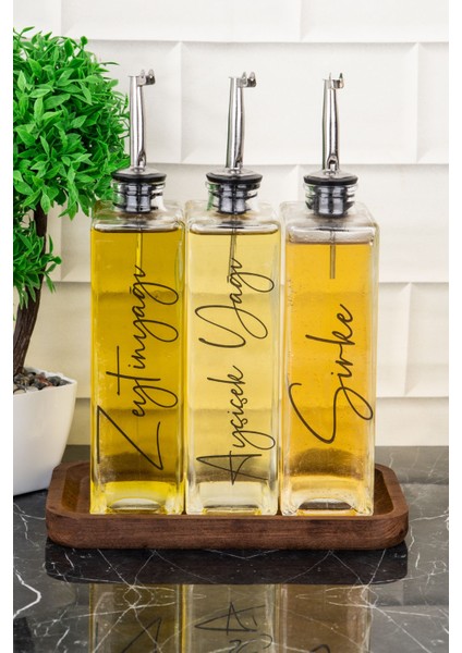 3'lü 500ML Ahşap Stant Cam Yağlık Gümüş Kapak Zeytinyağı Sosluk Seti