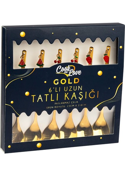 Altı Adet Şık Altın Renkli Paslanmaz Çelik Tatlı Kaşığı, 15 Cm, Zarif Tasarım fiyatları