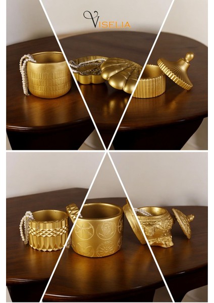 Takı Kutusu Takı Organizer Kapaklı Kutu Takı Düzenleyici Altın Renk Model 10