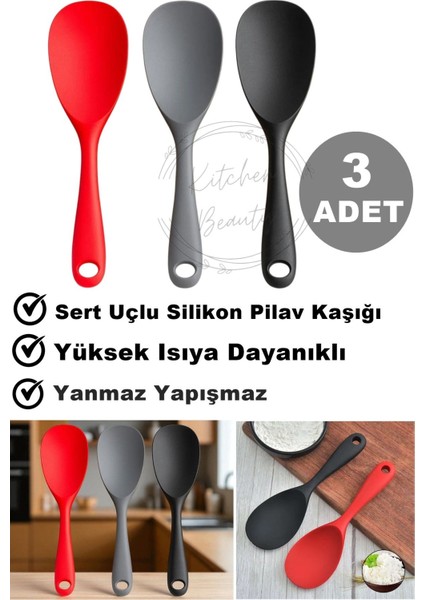 3'lü Renkli Ultra Sert Silikon Servis Kaşığı Seti, Asılabilir, Yanmaz, Yapışmaz