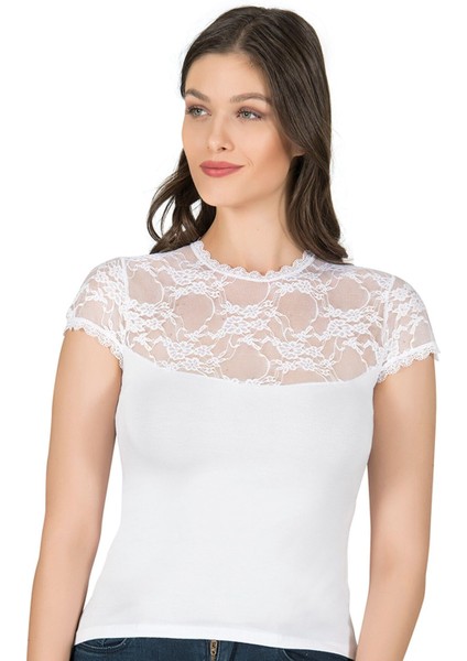 Kadın Premium Yumuşak Rahat Kumaş Viskon Dantel Detaylı Kısa Kollu Örme Bluz