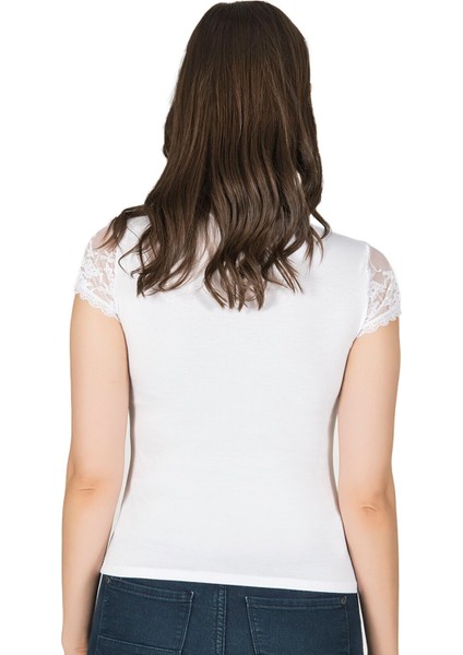 Kadın Premium Yumuşak Rahat Kumaş Viskon Dantel Detaylı Kısa Kollu Örme Bluz fiyatları