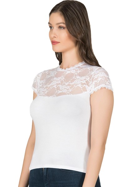 Kadın Premium Yumuşak Rahat Kumaş Viskon Dantel Detaylı Kısa Kollu Örme Bluz modelleri
