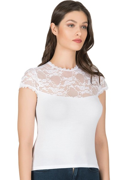 Kadın Premium Yumuşak Rahat Kumaş Viskon Dantel Detaylı Kısa Kollu Örme Bluz fırsatları
