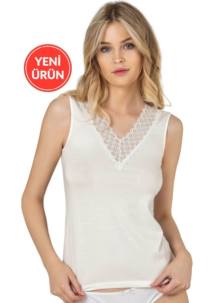 Kadın Pamuklu Modal Esnek Yumuşak Önü Dantel Detaylı V Yaka Kalın Askılı Atlet