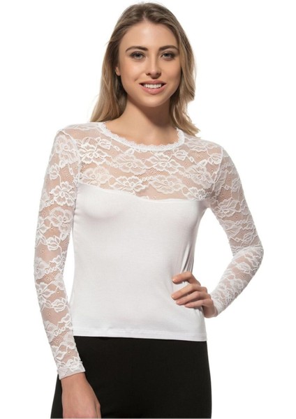 Kadın Viskon Lez Dantel Uzun Kollu Esnek Rahat Yuvarlak Yaka Bluz