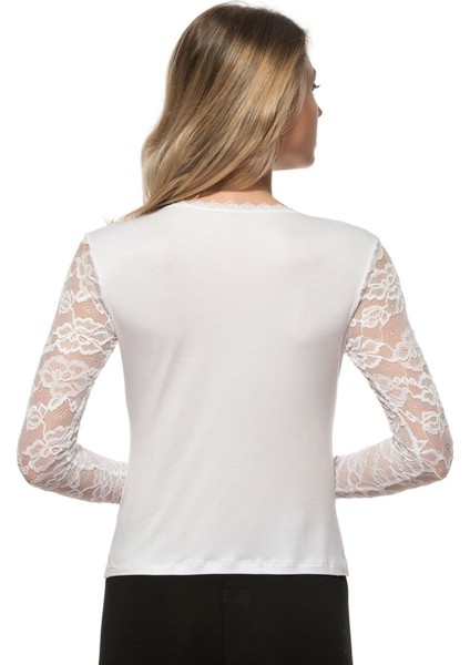 Kadın Viskon Lez Dantel Uzun Kollu Esnek Rahat Yuvarlak Yaka Bluz fiyatları