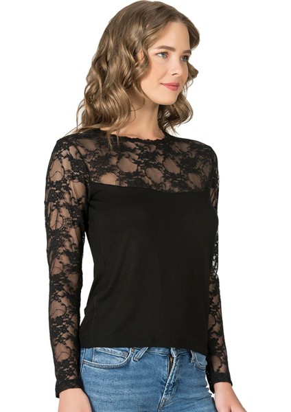 Kadın Viskon Lez Dantel Uzun Kollu Esnek Rahat Yuvarlak Yaka Bluz fırsatları