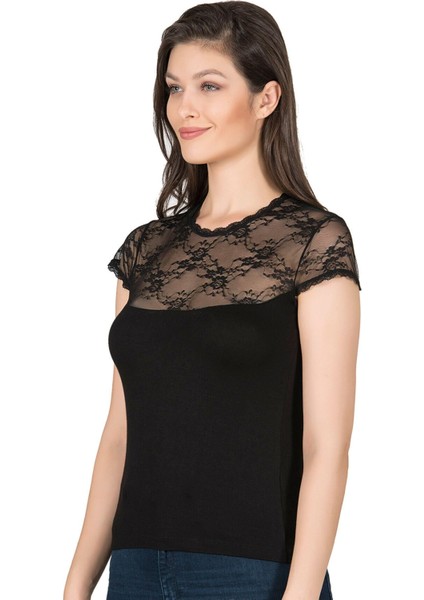 Kadın Premium Yumuşak Rahat Kumaş Viskon Dantel Detaylı Kısa Kollu Örme Bluz modelleri