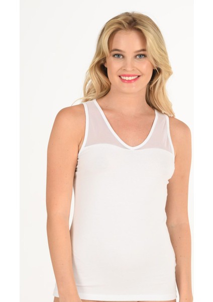 Kadın Pamuklu Modal V Yaka Tül Detaylı Kalın Askılı Atlet