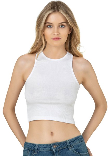 Kadın Pamuklu Fitilli Vücuda Oturan Halter Yaka Esnek Örme Crop Atlet