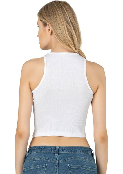 Kadın Pamuklu Fitilli Vücuda Oturan Halter Yaka Esnek Örme Crop Atlet fiyatları