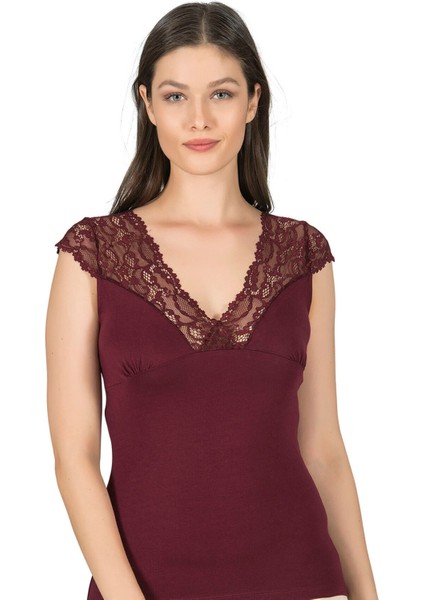 Kadın Pamuklu Kısa Kollu Dantelli Örme Atlet