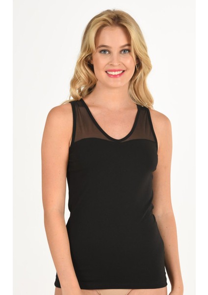 Kadın Pamuklu Modal V Yaka Tül Detaylı Kalın Askılı Atlet