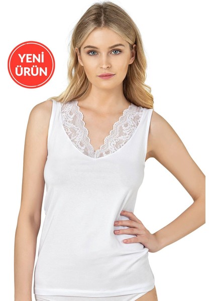 Kadın Süprem Pamuklu Esnek Rahat Yumuşak V Yaka Dantel Detaylı Kalın Askılı Atlet