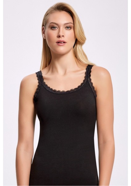 Kadın Likralı Askısı Dantel Atlet Siyah