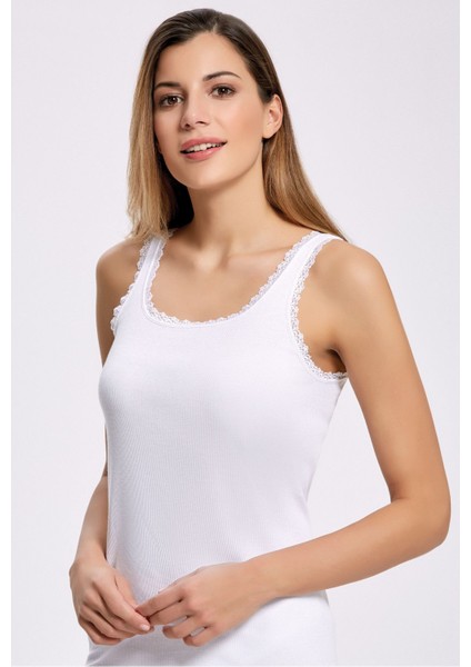 Kadın Kaşkorse Dantelli Geniş Askı Atlet Beyaz