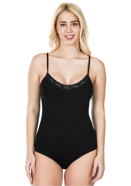 Ön Kısımları Dantel Işlemeli Pamuk Kumaş Ince Askılı Çıt Çıtlı Body Atlet