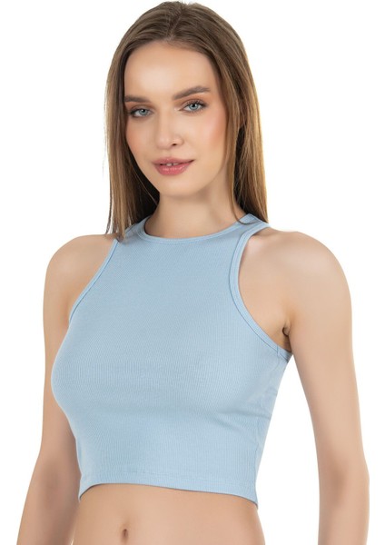 Kadın Pamuklu Fitilli Vücuda Oturan Halter Yaka Esnek Örme Crop Atlet modelleri