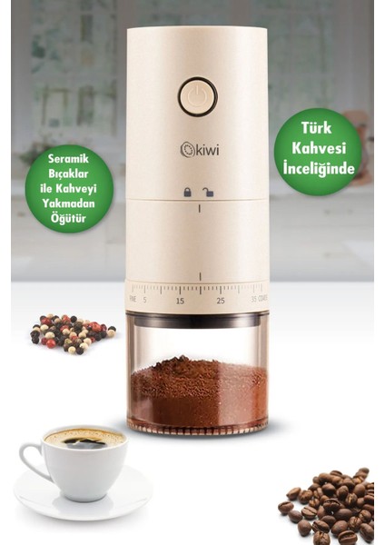 Şarjlı Ayarlanabilir Kahve ve Baharat Öğütücü, Ekru Renk, Pratik ve Kolay Kullanım