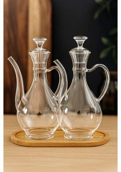 Şeffaf 2'li Bambu Standlı Borosilikat Cam Yağlık Seti, 700 ML+700 ml