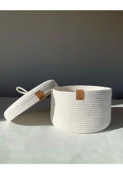 Beyaz Orta Boy Kapaklı Çok Amaçlı Sepet, Dekoratif, Hasır ve Pamuklu Sepet