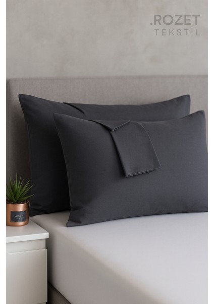 Antrasit Yastık Kılıfı Pamuk Kumaş Kapaklı (2 Adet) 50 x 70 cm