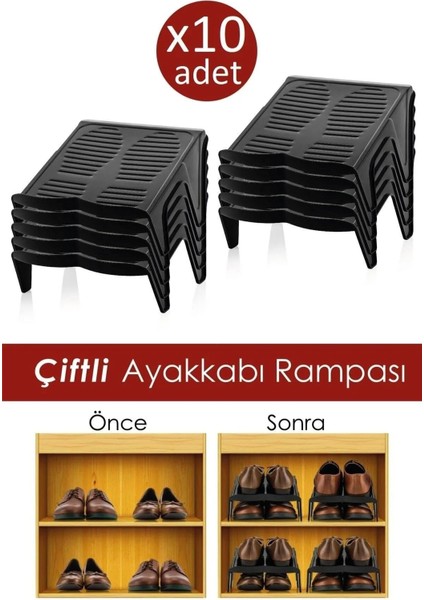 10'lu Çiftli Ayakkabı Düzenleyici Rampa Siyah Seti