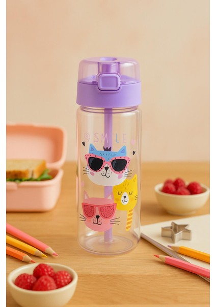 Kedi Desenli Pipetli Suluk 500 Ml, Pipetli Matara 500 ml Gıda Ile Temasa Uygun Polikarbon Bpa Free