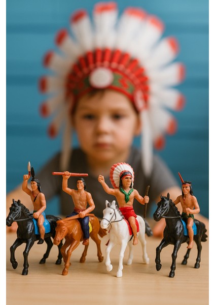 Atlı Kovboy - Kızılderili Oyuncak Seti 4’lü | Rodeo ve West Temalı Koleksiyon Oyuncağı | Atlı Oyuncak Asker