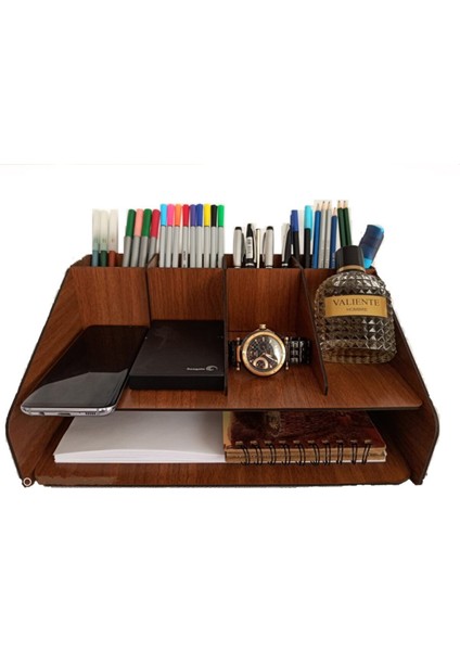 Ceviz Renkli Ofis Masaüstü Düzenleyici, A4 Kalemlik ve Evrak Rafı Şık Tasarım