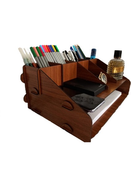 Ceviz Renkli Ofis Masaüstü Düzenleyici, A4 Kalemlik ve Evrak Rafı Şık Tasarım fiyatları