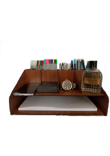 Ceviz Renkli Ofis Masaüstü Düzenleyici, A4 Kalemlik ve Evrak Rafı Şık Tasarım modelleri