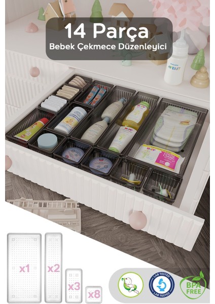 14 Parça Bebek Çekmece Düzenleyici, Gri, Bebek Bakım ve Organizer Seti