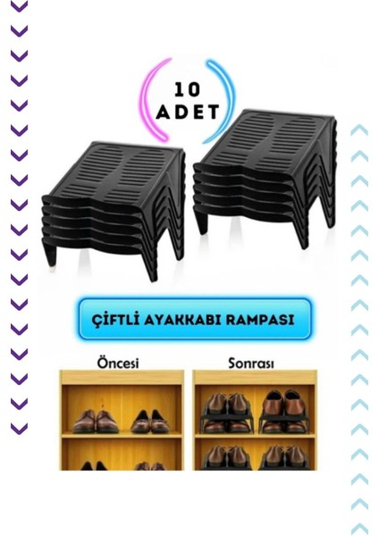 10'lu Çiftli Ayakkabı Rampası, Dolap Içi Düzenleyici, Siyah Renkli Set
