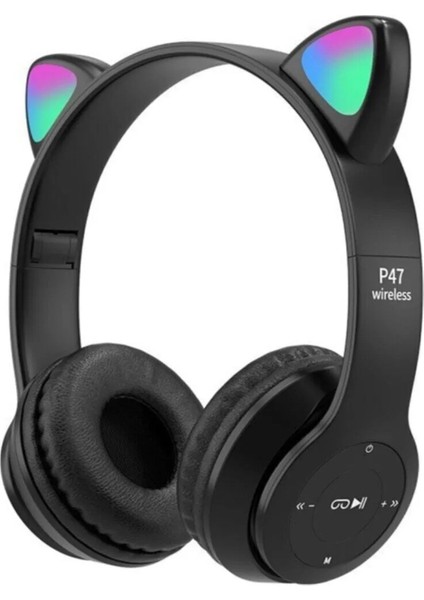 P47M Bluetooth 5. 0 Kedi Tasarımlı Katlanabilir Kulak Üstü Kulaklık Siyah