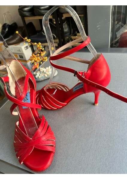 Kırmızı Deri 8,5 cm 11 Pont Çok Bantlı Model Tango, Dans ve Salon Ayakkabısı fırsatları
