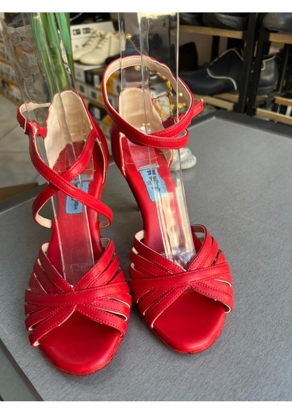 Kırmızı Deri 8,5 cm 11 Pont Çok Bantlı Model Tango, Dans ve Salon Ayakkabısı