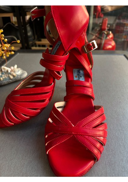 Kırmızı Deri 8,5 cm 11 Pont Çok Bantlı Model Tango, Dans ve Salon Ayakkabısı