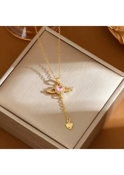 Zirkon Taşlı Paslanmaz Çelik Melek Kanatı Kolye