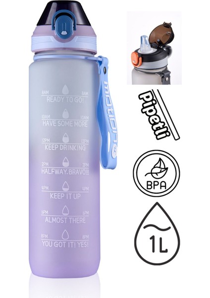 Mor 1000ML Pipetli Su Şişesi, Spor ve Günlük Kullanım Için Sağlıklı ve Şık