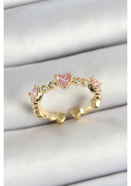 Pirinç Sıralı Kalp Figürlü Zirkon Taşlı Gold Renk Ayarlanabilir Kadın Yüzük