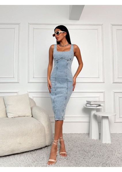 Yırtmaçlı Sırt Fermuarlı Midi Mavi Denim Elbise Kot Elbise Denim Dress indirimleri