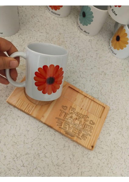 Kaletreewood Ahşap Tepsi Hediye Seti, En Iyi Öğretmen, Best Teacher Ever, Çiçekli Kupa, Sana Özel