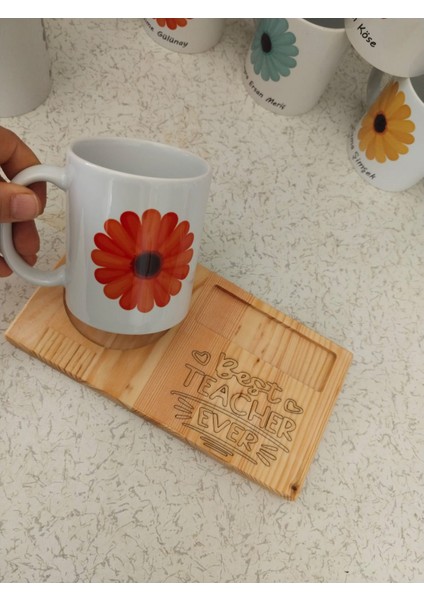 Kaletreewood Ahşap Tepsi Hediye Seti, En Iyi Öğretmen, Best Teacher Ever, Çiçekli Kupa, Sana Özel fiyatları