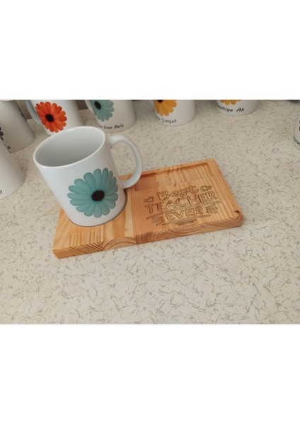 Kaletreewood Ahşap Tepsi Hediye Seti, En Iyi Öğretmen, Best Teacher Ever, Çiçekli Kupa, Sana Özel