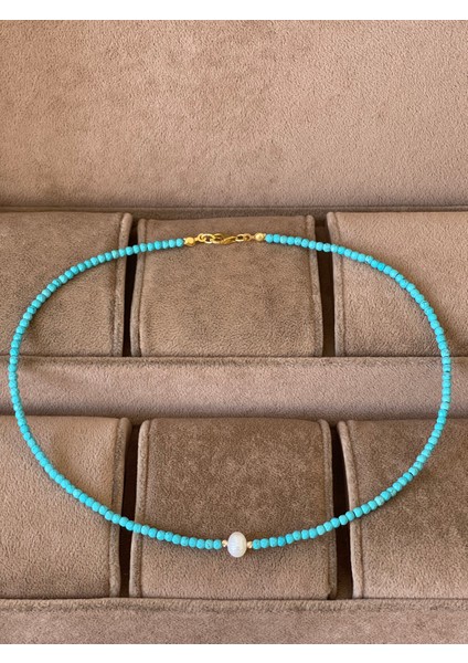 14 Ayar Çift Altın Dorika Detaylı Doğal Turkuaz ve Natural Incili Özel Altın Kolye